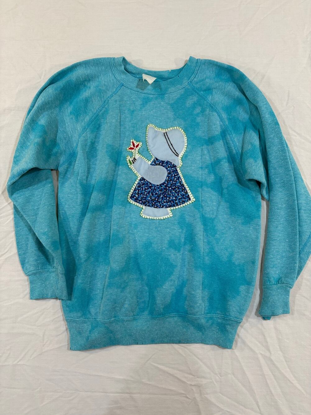 Vintage Upcycled Prairie Girl Quilt Patch Bleached Sweatshirt